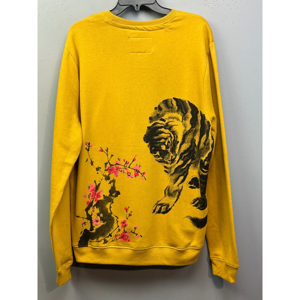Blind Rooster Sweatshirt Mens L Yellow Fearless Tiger Cherry Blossom Streetwear